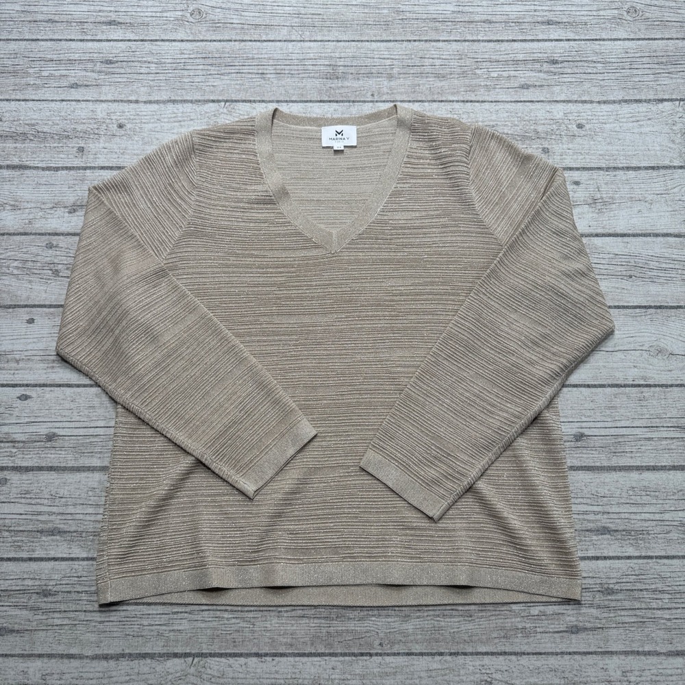 Marina V Paris Sweater Women's XL/T4 Gold Ribbed Knit V-Neck Shimmer Pullover